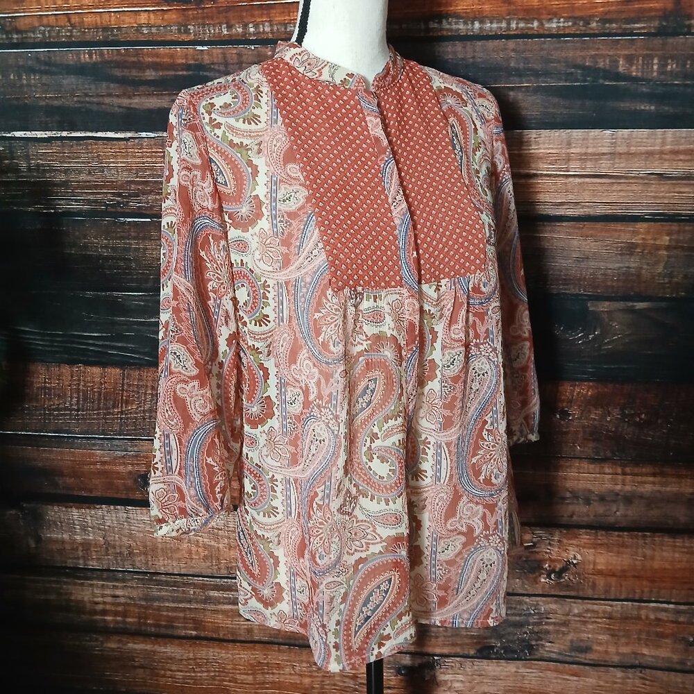 Liz Claiborne Peasant Top M Petite Sheer Boho Paisley Button Front 3/4 Sleeve